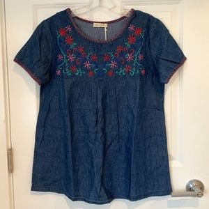 Embroidered Denim Short Sleeve Top